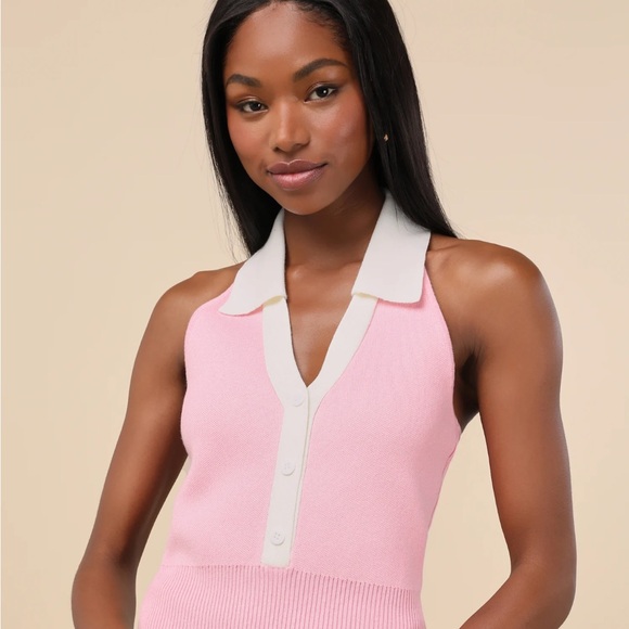 Lulus Tops - Lulus Ameliah Pink and White Collared Sweater Tank Top